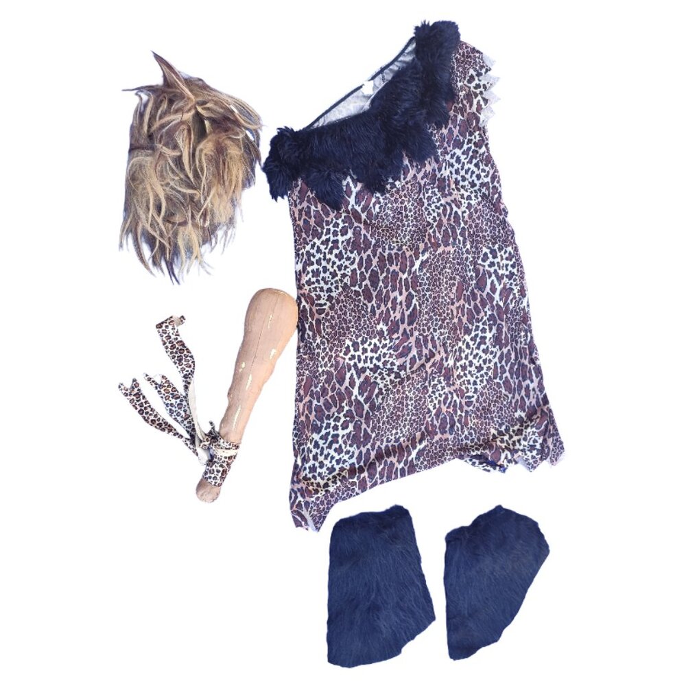 Caveman Costume Men Size Medium 36-42 (Tunic, Wig, Club, Shoe Covers) Halloween
